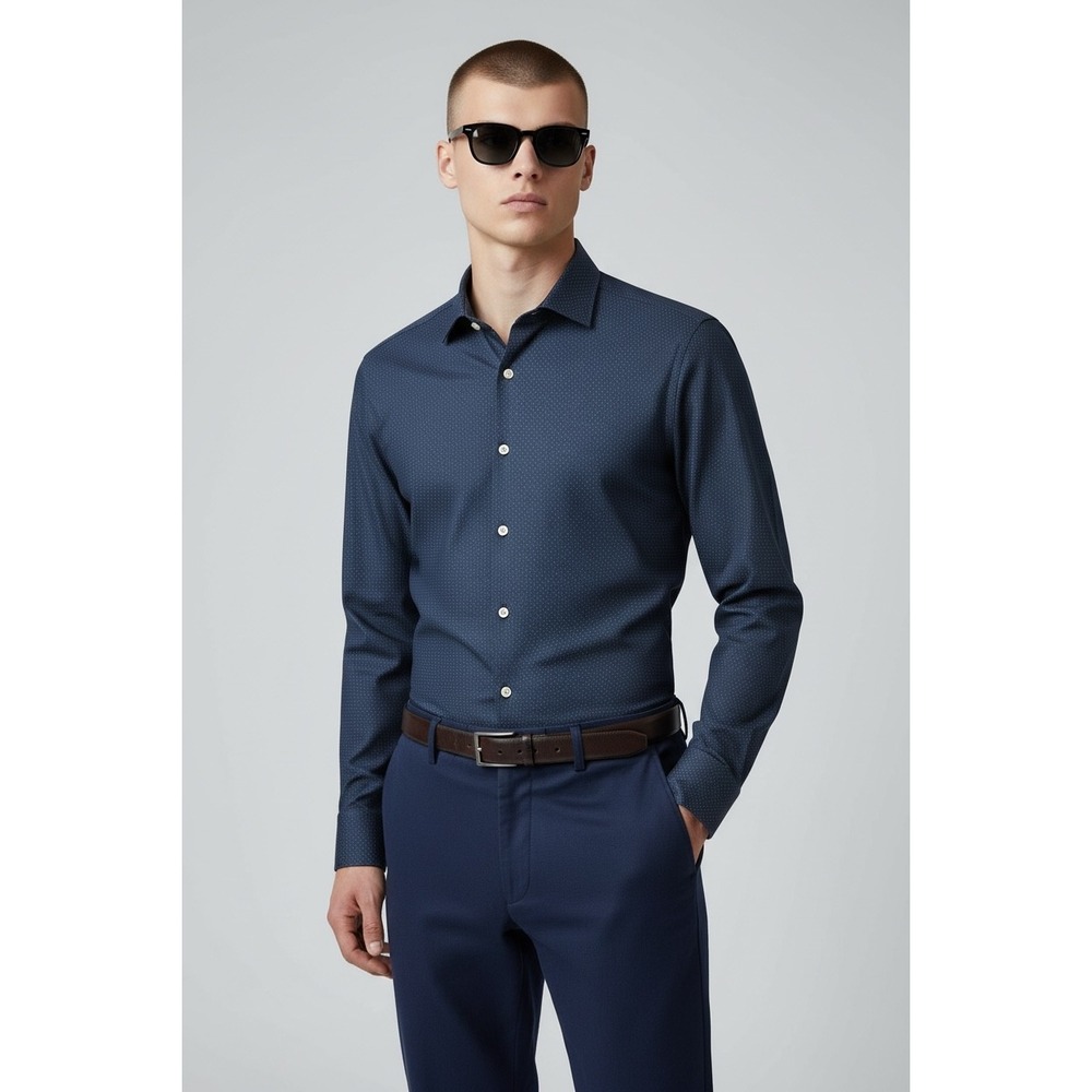 Michael Kors Mens Size 16 1/2 34/35 Slim Fit Geo‎ Print Dress Shirt Blue